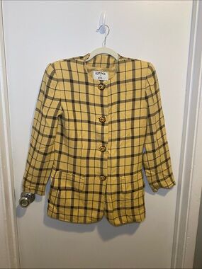 Kasper Yellow Plaid Collarless Blazer with Gold Buttons